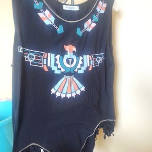 Tribal Native American Black Tank with Tassels